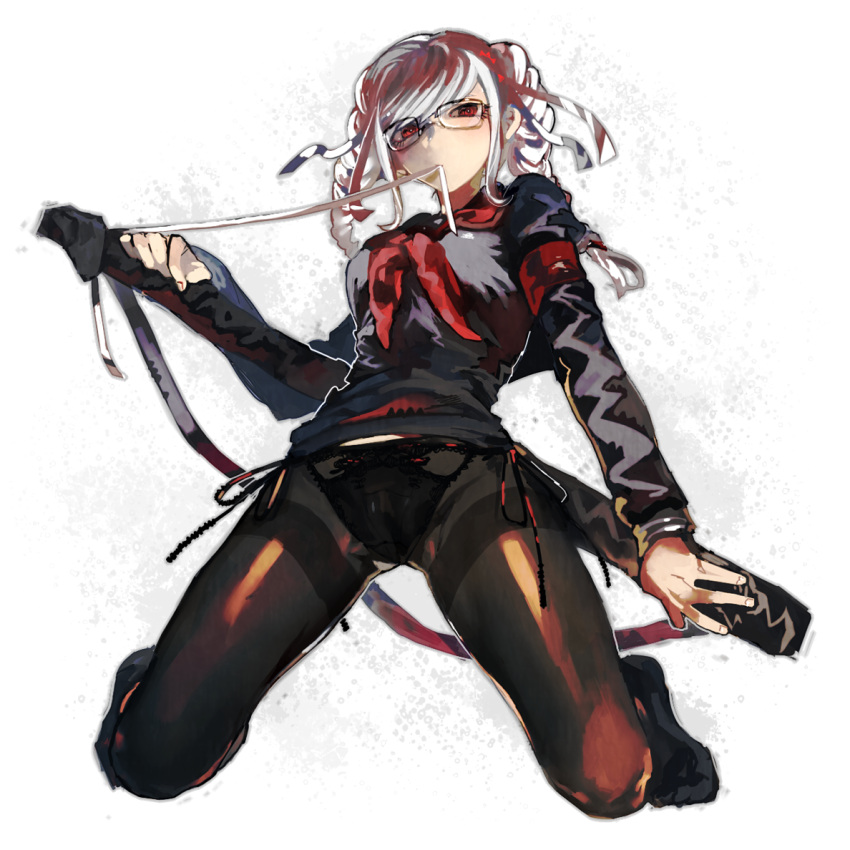 braid, dangan_ronpa, glasses, kitaya, kneeling, long_hair, mouth_hold, no_pants