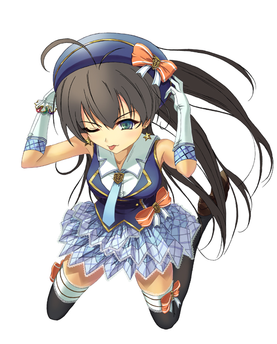 black_hair, black_legwear, bow, earrings, elbow_gloves, ganaha_hibiki, gloves, green_eyes