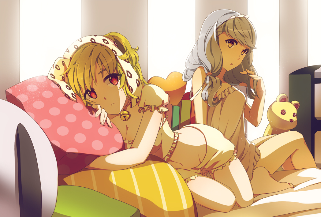 amir_(artist), animal_ears, bad_id, bare_shoulders, bell, bell_collar, breasts, bunny_ears, cleavage, collar, green_hair, multiple_girls, original, pillow, rabbit_ears, stuffed_animal, stuffed_toy, teddy_bear
