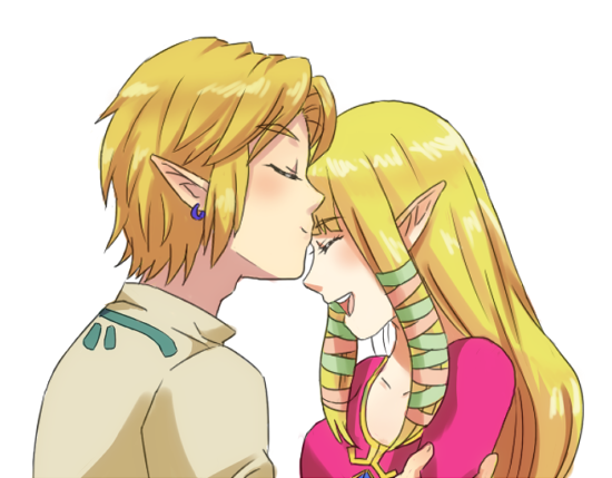 closed_eyes, earrings, eyes_closed, jewelry, kiss, link, long_hair, princess_zelda