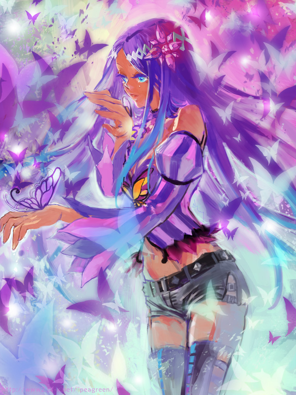 blue_eyes, dark_skin, flower, hair_flower, hair_ornament, long_hair, merli_(vocaloid), purple_hair, shorts, solo, thigh-highs, thighhighs, vocaloid, yamakawa_(sato)