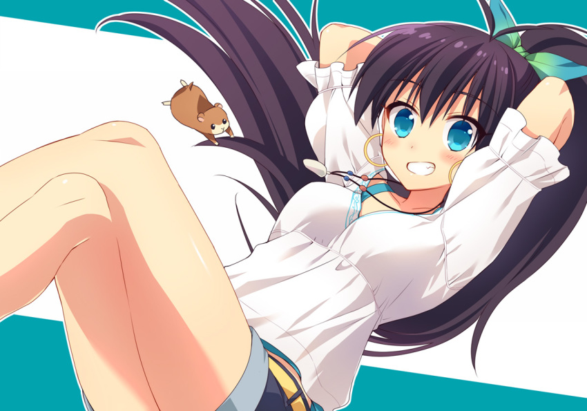 arms_up, black_hair, blue_eyes, blush, crossed_legs, earrings, fuyuichi, ganaha_hibiki