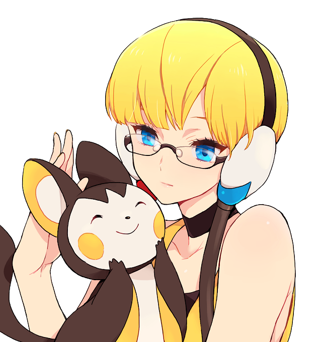 ^_^, bare_shoulders, bespectacled, blonde_hair, blue_eyes, bust, closed_eyes, emolga