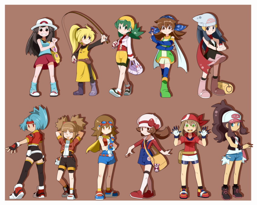 :p, ^_^, backpack, bag, bandana, bandanna, bare_legs, blonde_hair, blue_(pokemon), blue_eyes, blue_hair, brown_background, brown_hair, closed_eyes, crystal_(pokemon), dual_persona, eyes_closed, fingerless_gloves, full_body, gloves, goggles, goggles_on_head, green_eyes, haruka_(pokemon), hat, highres, hikari_(pokemon), hinata_(pokemon), hitomi_(pokemon), kotone_(pokemon), long_hair, minami_(pokemon), mint_(pokemon), multiple_girls, pigtails, pokemon, pokemon_(game), pokemon_bw, pokemon_dppt, pokemon_frlg, pokemon_gsc, pokemon_hgss, pokemon_ranger, pokemon_rse, pokemon_special, pokemon_trading_card_game, ponytail, porkpie_hat, red_eyes, short, short_hair, short_twintails, skirt, thigh-highs, thighhighs, tongue, touko_(pokemon), twintails, yellow, yellow_(pokemon), yucopi