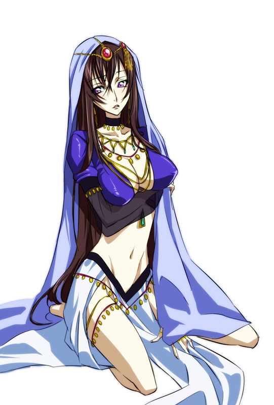 bare_legs, barefoot, breast_hold, breasts, brown_hair, choker, cleavage, code_geass, erect_nipples, genderswap, gypsy, jewelry, kabane, kabane_(follabi), large_breasts, lelouch_lamperouge, long_hair, luluko, midriff, navel, necklace, purple_eyes, seiza, sitting, tiara, veil, very_long_hair, violet_eyes