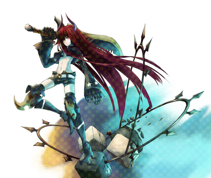 black_rock_shooter, checkered, claws, highres, horns, king_saw, long_hair, midriff, red_eyes, red_hair, redhead, saw, short_shorts, shorts, weapon, window1228