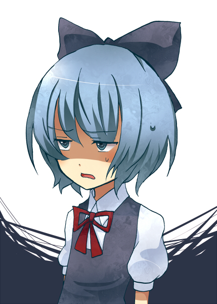 artist_request, blue_eyes, blue_hair, bow, child, cirno, hair_bow, open_mouth, poka, ribbon, short_hair, solo, sweat, touhou