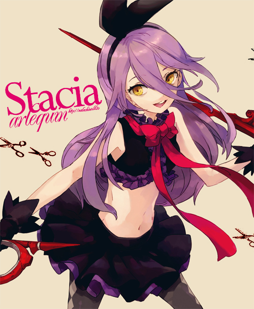 character_request, gloves, hairband, midriff, navel, pantyhose, purple_hair, skirt