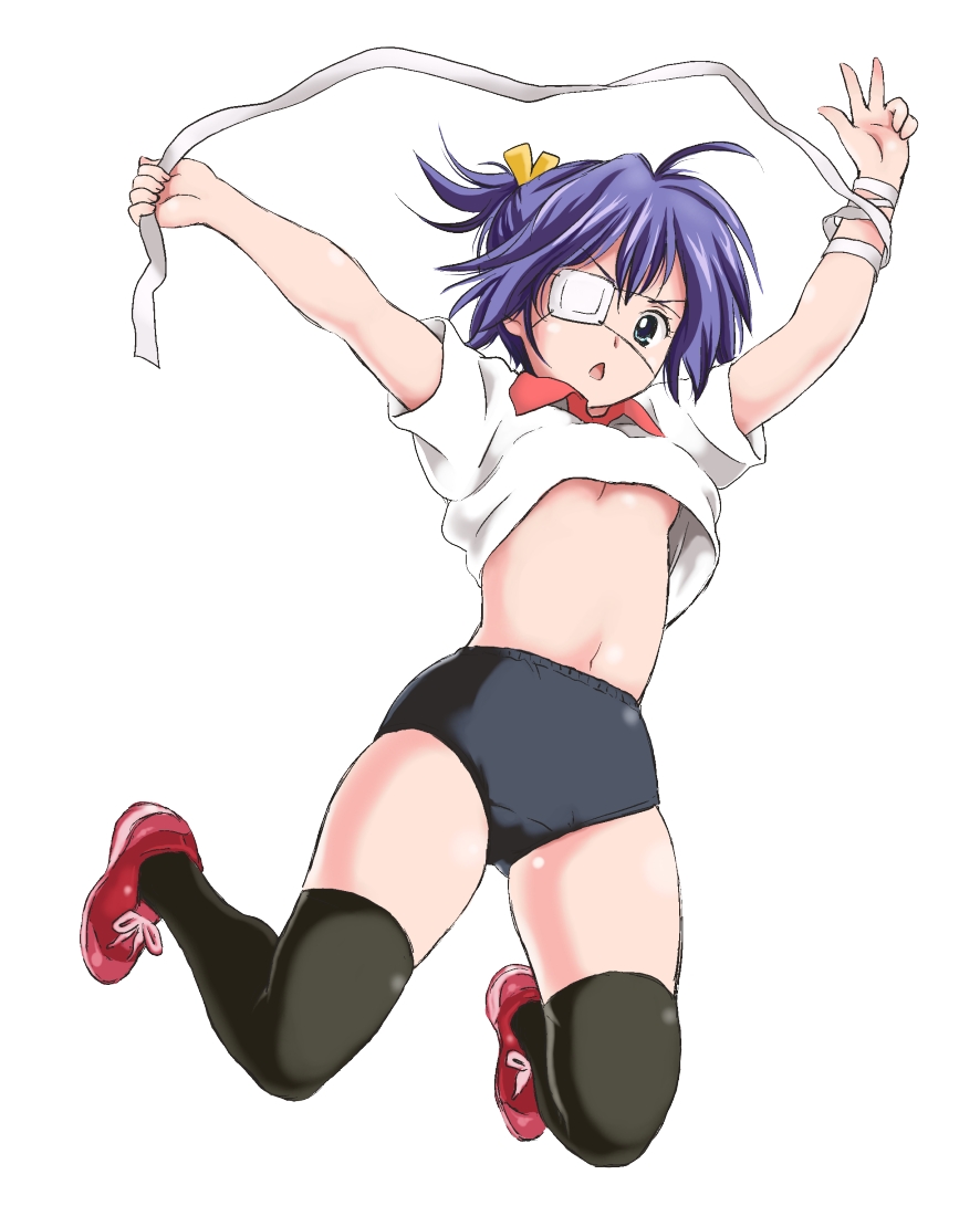 >:<, ahoge, akinao_(atori), bandage, bandages, black_legwear, blue_eyes, blue_hair