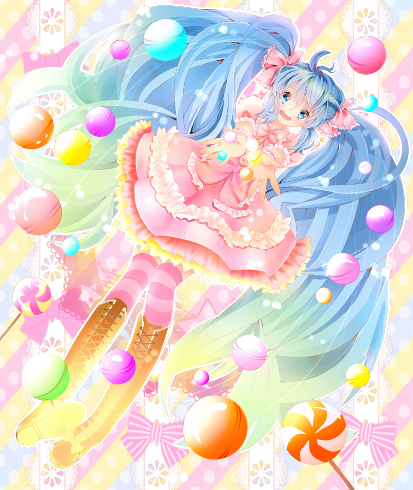 blue_eyes, blue_hair, boots, bow, candy, cross-laced_footwear, dress, frills