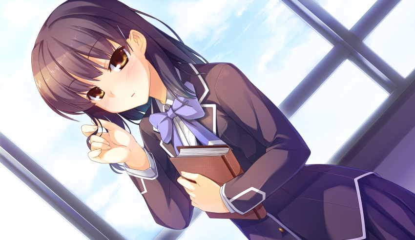 black_hair, book, brown_eyes, game_cg, ketouin_fuyuka, reesaa, seifuku, sinclient