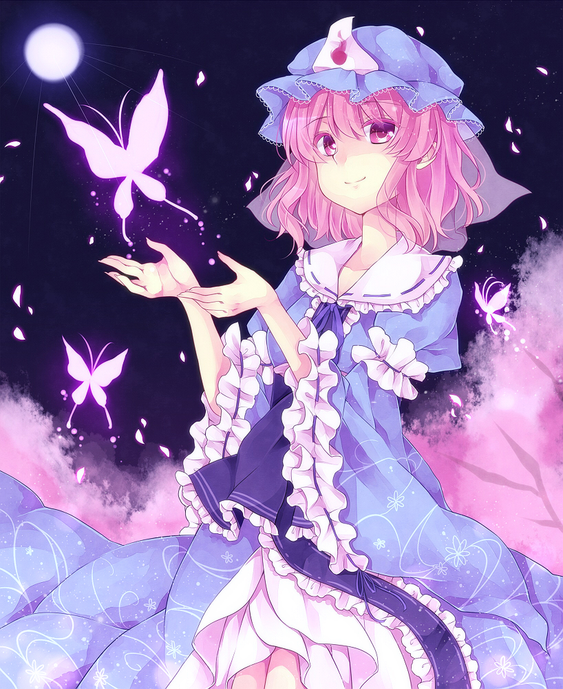 butterfly, cherry_blossoms, dress, hat, mi-chan, petals, pink_eyes, pink_hair