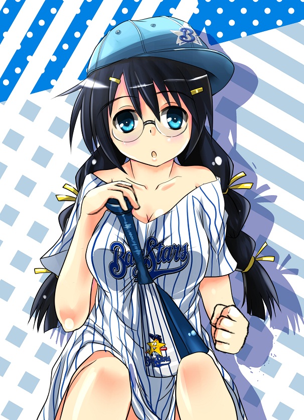 :o, bakemonogatari, baseball_bat, baseball_cap, baseball_jersey, black_hair, blue_eyes, braid