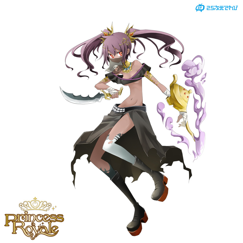 1girl, bandage, bandages, bare_shoudlers, bare_shoulders, boots, breasts, crown, dagger, dark_skin, highres, jewelry, magic_lamp, original, pixiv, princess_royale, purple_hair, red_eyes, smoke, solo, tansuke, title_drop, twintails, under_boob, underboob, veil, weapon