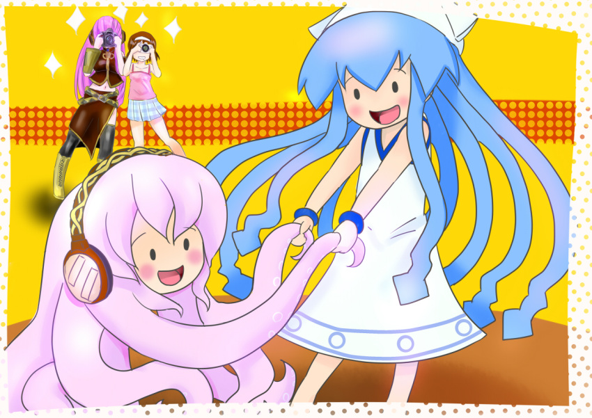 blue_eyes, blue_hair, crossover, dress, dual_persona, hat, headphones, hyakute_gyojin, ikamusume, long_hair, megurine_luka, multiple_girls, nagatsuki_sanae, shinryaku!_ikamusume, takoluka, tentacle_hair, vocaloid