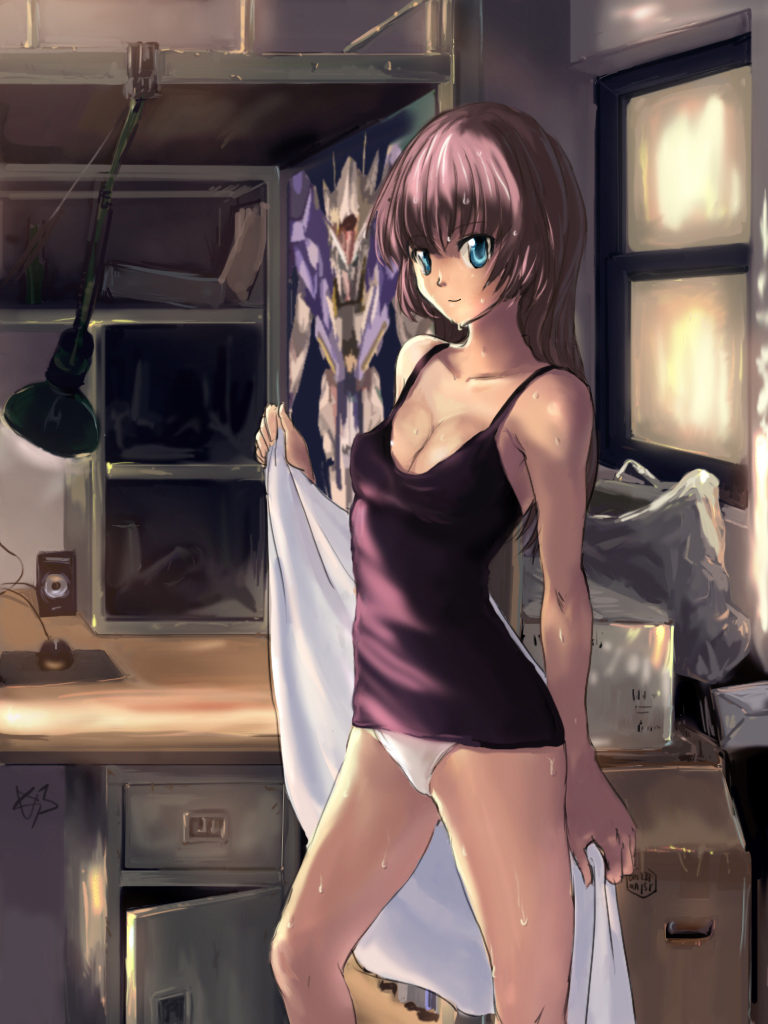 1girl, blue_eyes, box, breasts, camisole, cardboard_box, clare_(543), cleavage