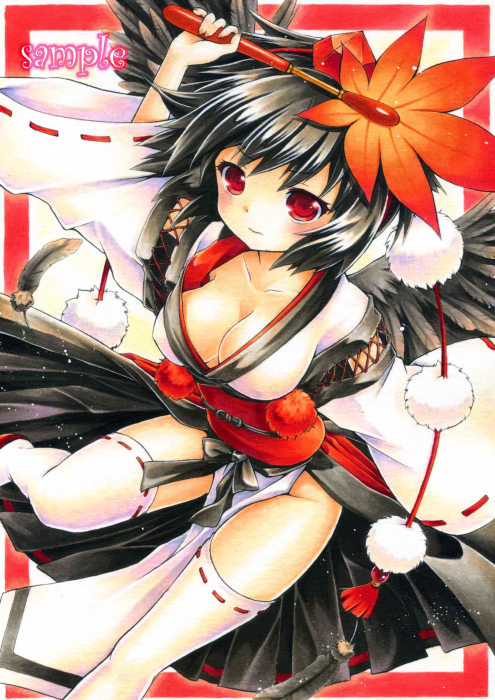 1girl, black_hair, blush, breasts, cleavage, fan, feathers, funnyfunny, kourindou_tengu_costume, marker_(medium), no_panties, obi, red_eyes, sample, shameimaru_aya, short_hair, solo, thighhighs, touhou, traditional_media, white_legwear, wings