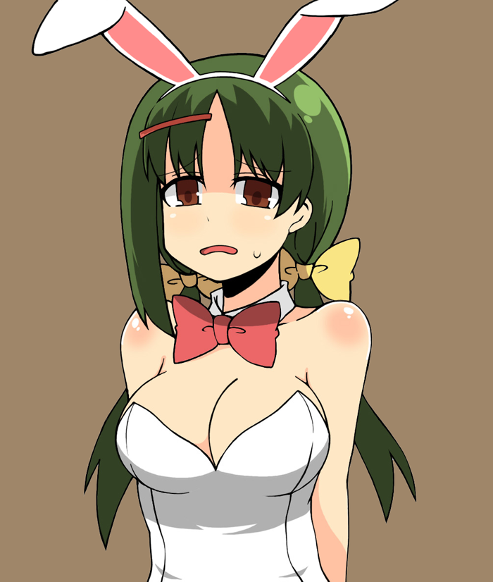 breasts, brown_eyes, bunny_girl, bunnysuit, cleavage, green_hair, hair_ornament, hairclip, large_breasts, raiexcat, ribbon, saki, saki_achiga-hen, shirouzu_mairu, twintails