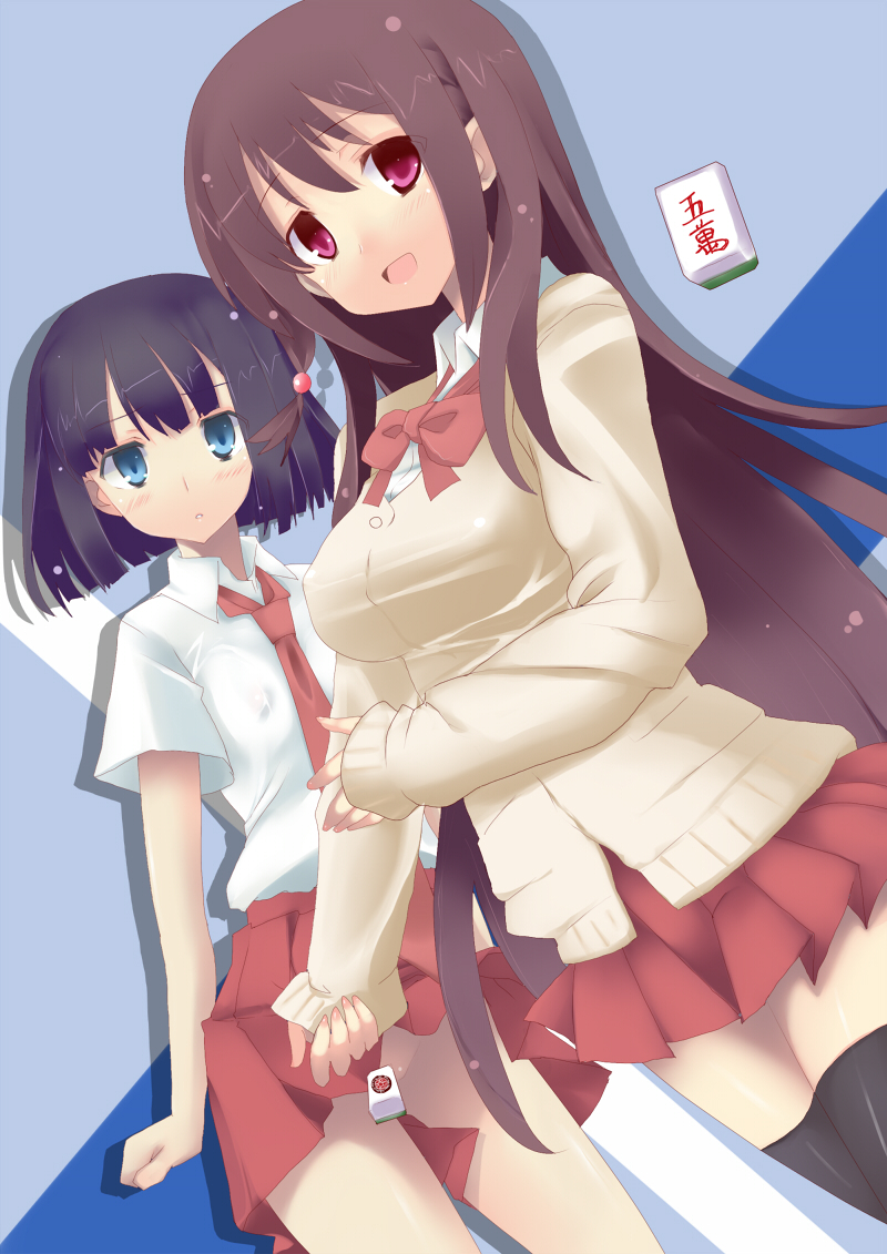 blue_eyes, blush, cardigan, censored, convenient_censoring, long_hair, mahjong, mahjong_tile
