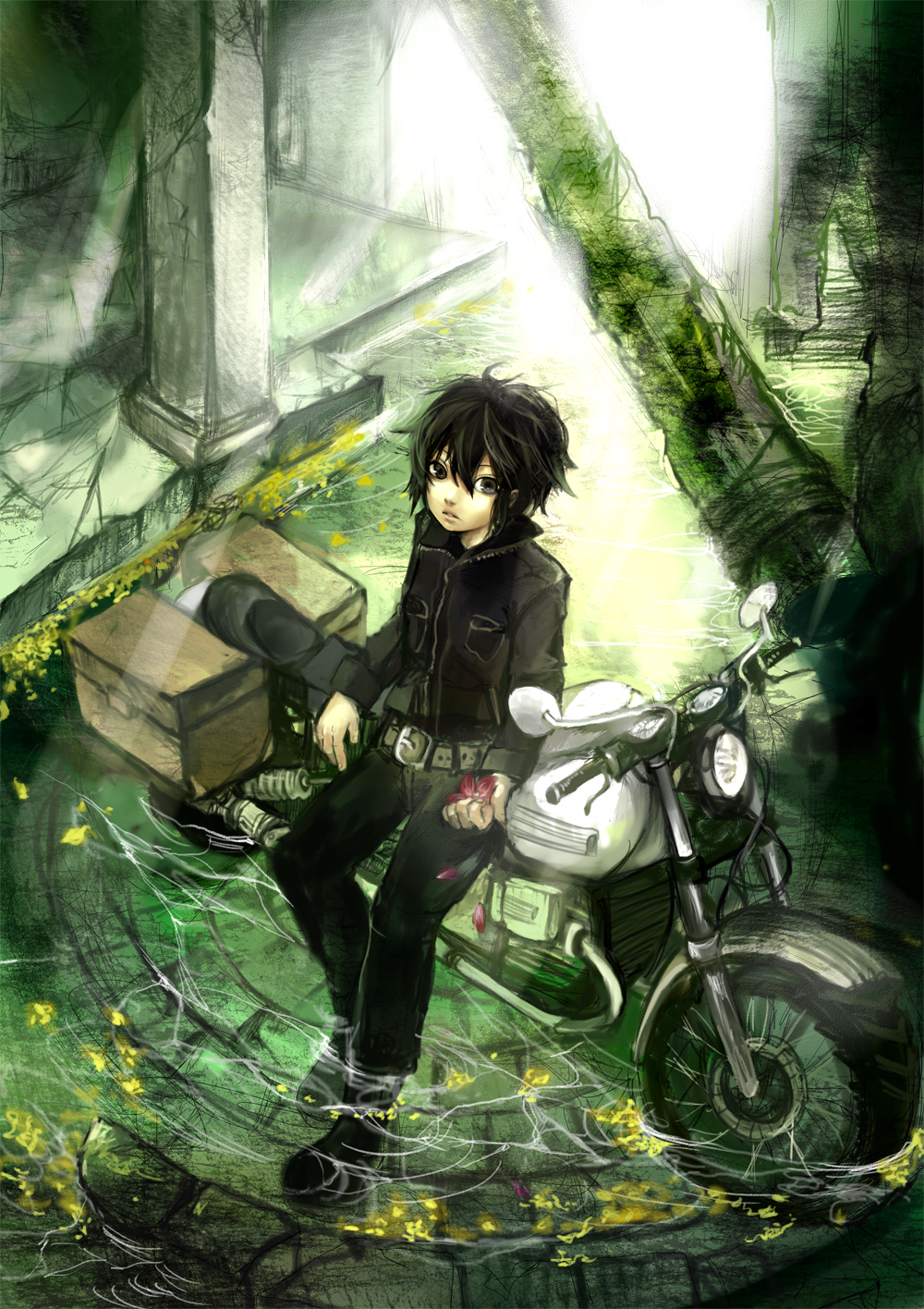 belt, bicycle, black_hair, coat, flower, highres, kino, kino_no_tabi