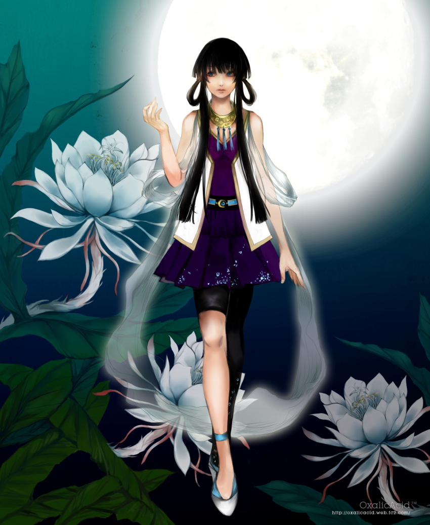black_hair, blue_eyes, flower, full_moon, highres, leaf, long_hair, lotus