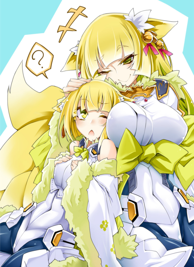 animal_ears, bell, blonde_hair, bodysuit, breasts, fox_ears, fox_tail, komahime
