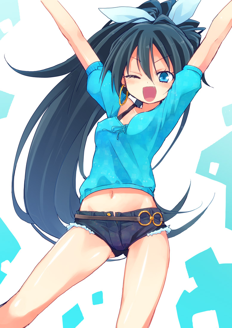 >;d, arms_up, black_hair, blue_eyes, blush, cutoffs, denim, denim_shorts, earrings, fang, ganaha_hibiki, homura_subaru, hoop_earrings, idolmaster, jewelry, long_hair, midriff, navel, outstretched_arm, ponytail, short_shorts, shorts, solo, unbuttoned