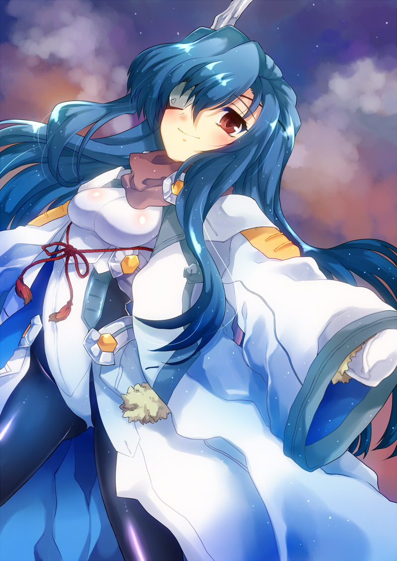 antler, blue_hair, blue_legwear, bodysuit, date_masamune, date_masamune_(horizon), eyepatch, female, gloves, horn, irouha, kyoukai_senjou_no_horizon, long_hair, pantyhose, red_eyes, smile, solo