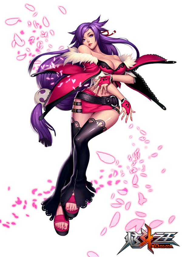 bare_shoulders, barefoot_sandals, belt, breasts, character_request, cleavage, fingerless_gloves, gloves