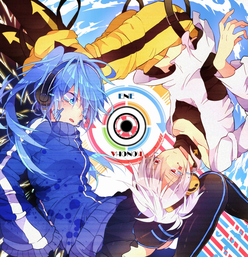 1girl, blue_eyes, blue_hair, ene_(kagerou_project), ene_no_dennou_kikou_(vocaloid), headphones, kagerou_project, konoha_(kagerou_project)