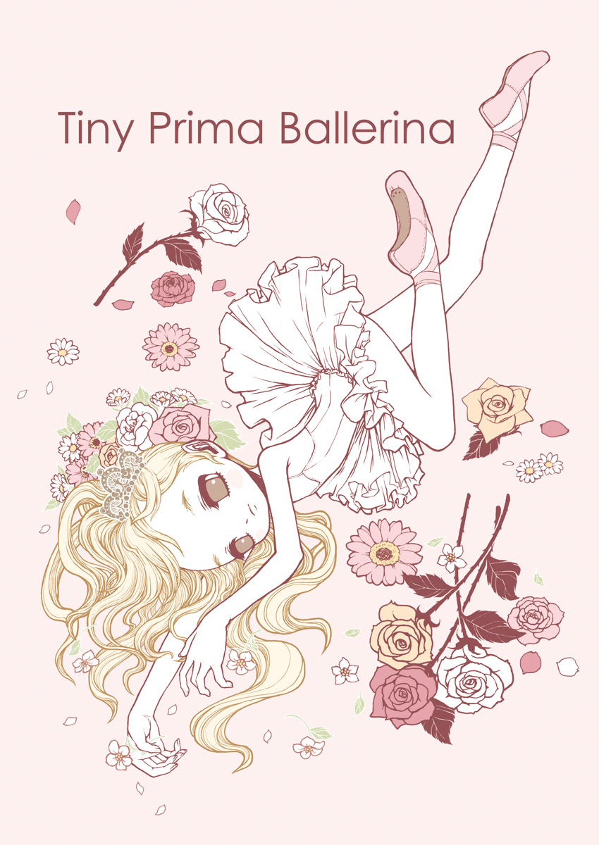 ballet, ballet_slippers, blonde_hair, flower, hair_flower, hair_ornament, highres, lying, panda_lanlan, pantyhose, rose, shoe_ribbon, tutu, white_legwear, white_pantyhose