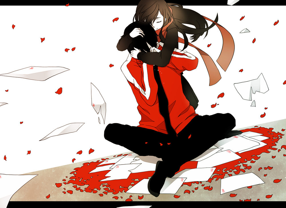 1girl, ayano_(kagerou_project), black_hair, hair_ornament, hairclip, hug, hug_from_behind, kagerou_project, kisaragi_shintarou, long_hair, paper, petals, scarf, school_uniform, short_hair, smile, tomann, toumei_answer_(vocaloid)