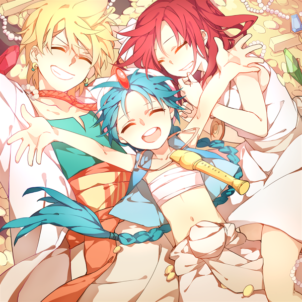2boys, aladdin_(magi), ali_baba_saluja, blonde_hair, blue_hair, braid, closed_eyes, flute