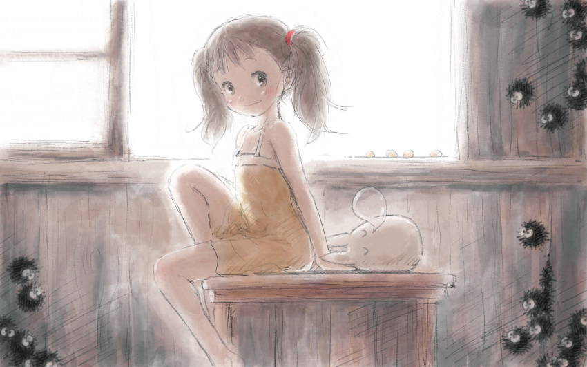 backlighting, bare_shoulders, brown_eyes, brown_hair, child, creature, dress, highres