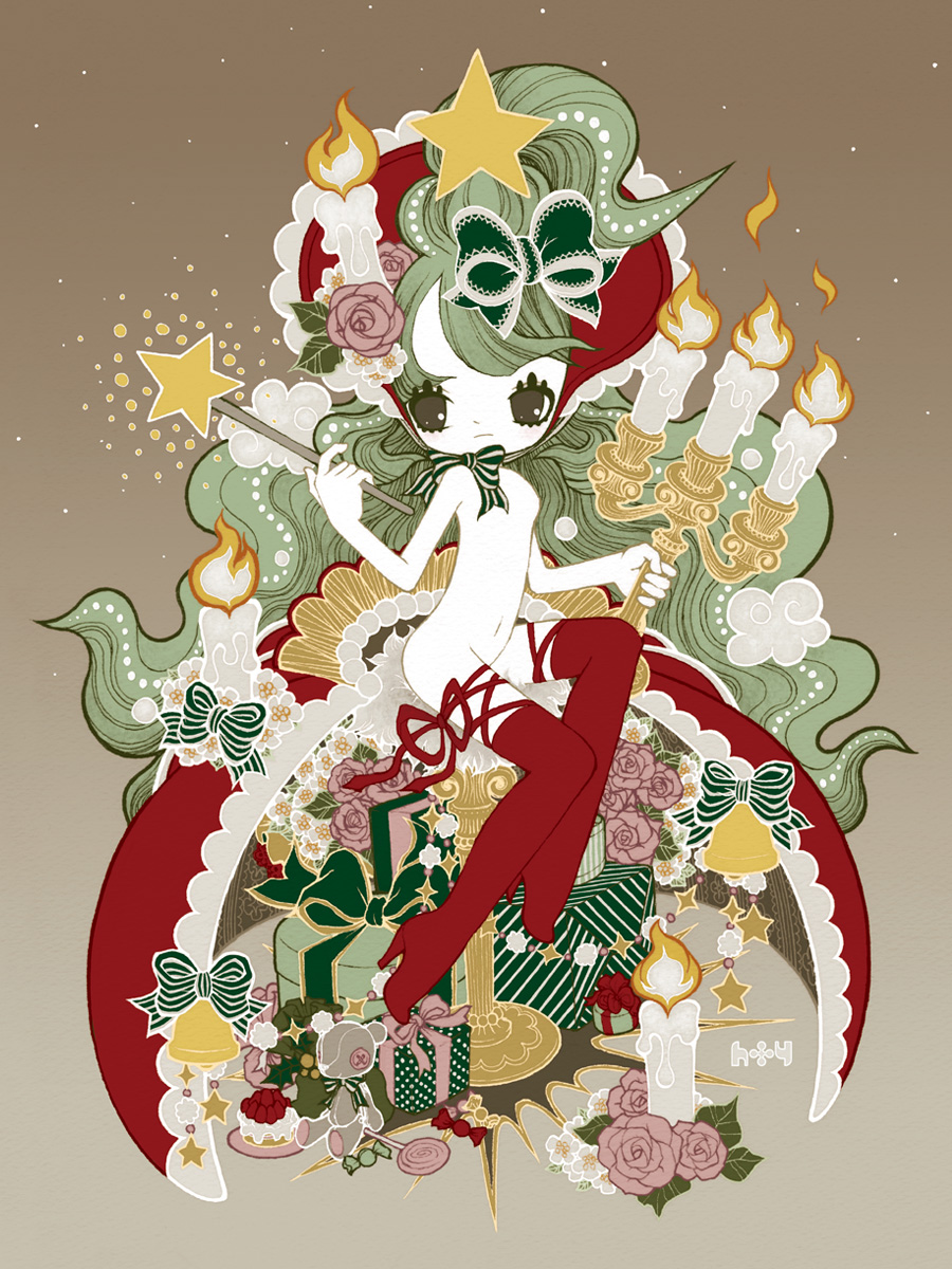 bow, candle, christmas, flower, gift, green_hair, hair_bow, hair_flower