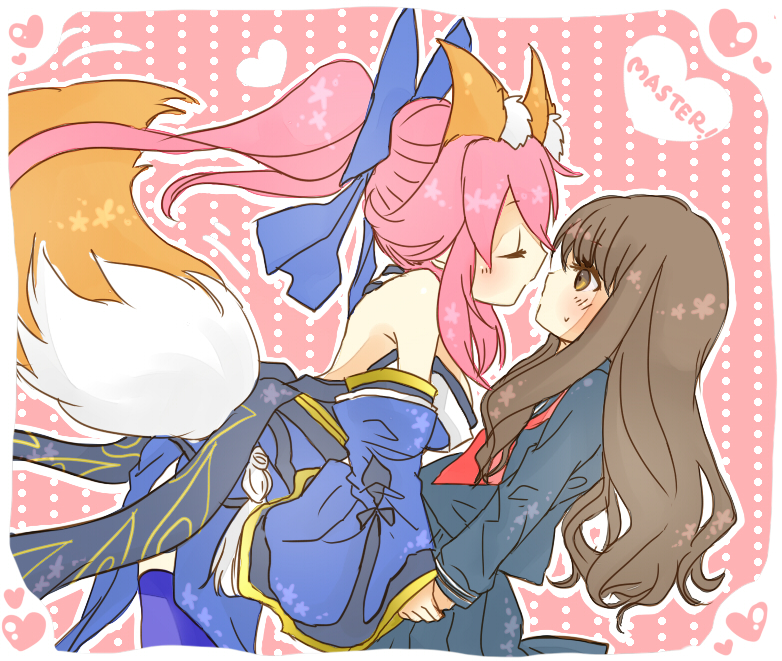 animal_ears, bow, brown_eyes, brown_hair, caster_(fate/extra), closed_eyes, eyes_closed, fate/extra