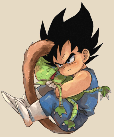 boots, child, dragon_ball, dragon_ball_z, dragonball_z, frown, hair_up, hug, lowres, male, mkmksan, plush, saibaman, tail, vegeta