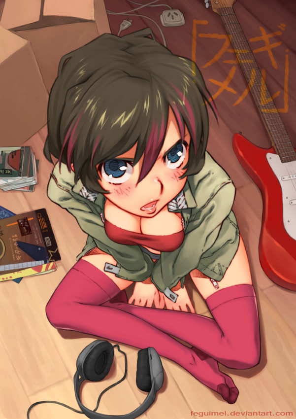 between_legs, blue_eyes, box, breasts, brown_hair, cardboard_box, cd_case, cleavage