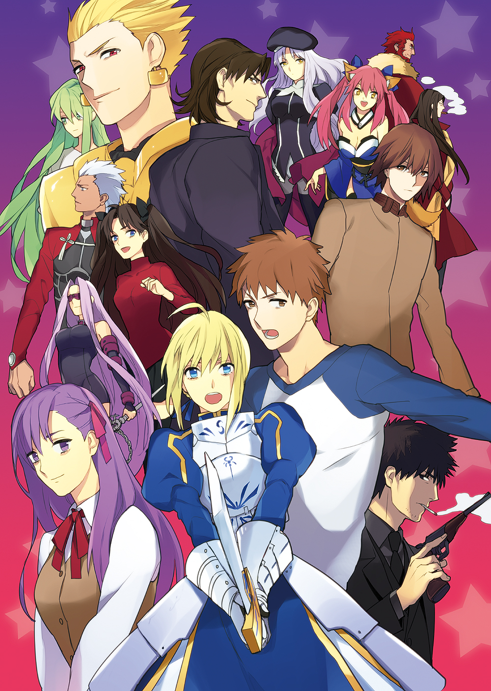 archer, blonde_hair, blue_eyes, brown_hair, caren_hortensia, caren_ortensia, caster_(fate/extra), emiya_kiritsugu