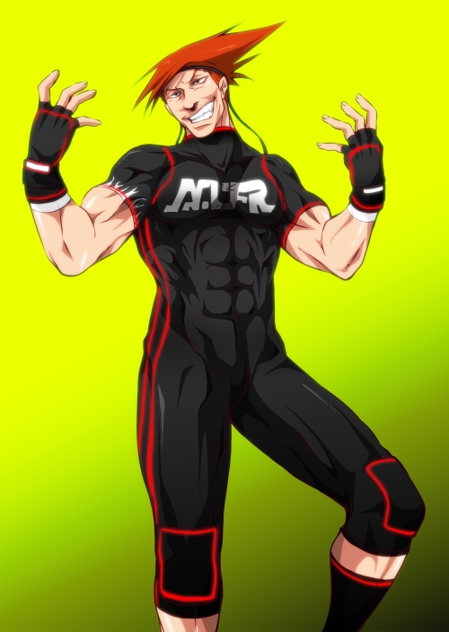 1boy, abs, adon, alternate_costume, bodysuit, fingerless_gloves, fullmonty, gloves