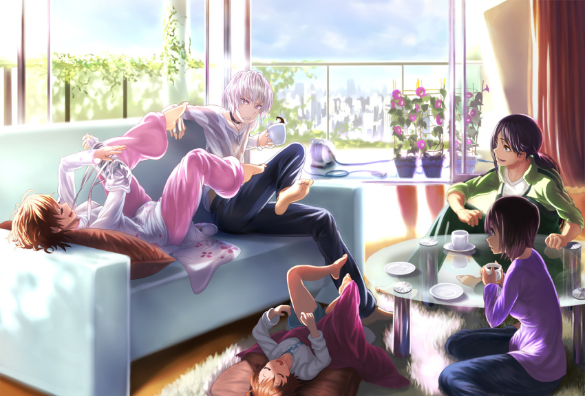 accelerator_family, barefoot, black_hair, blue_eyes, brown_hair, choker, couch, cup, dara, feet, last_order, misaka_worst, pillow, plate, ponytail, red_eyes, saliva, sleeping, sleeves_rolled_up, table, to_aru_majutsu_no_index, track_suit, vietnamese_dress, white_hair, yomikawa_aiho, yoshikawa_kikyou