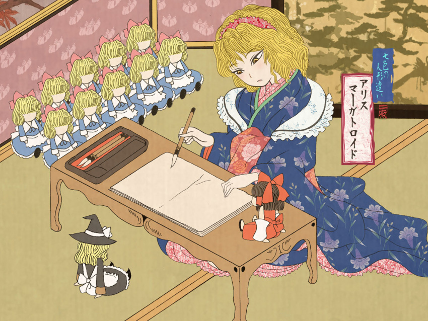 alice_margatroid, blonde_hair, bow, brown_hair, calligraphy_brush, character_doll, character_name, detached_sleeves
