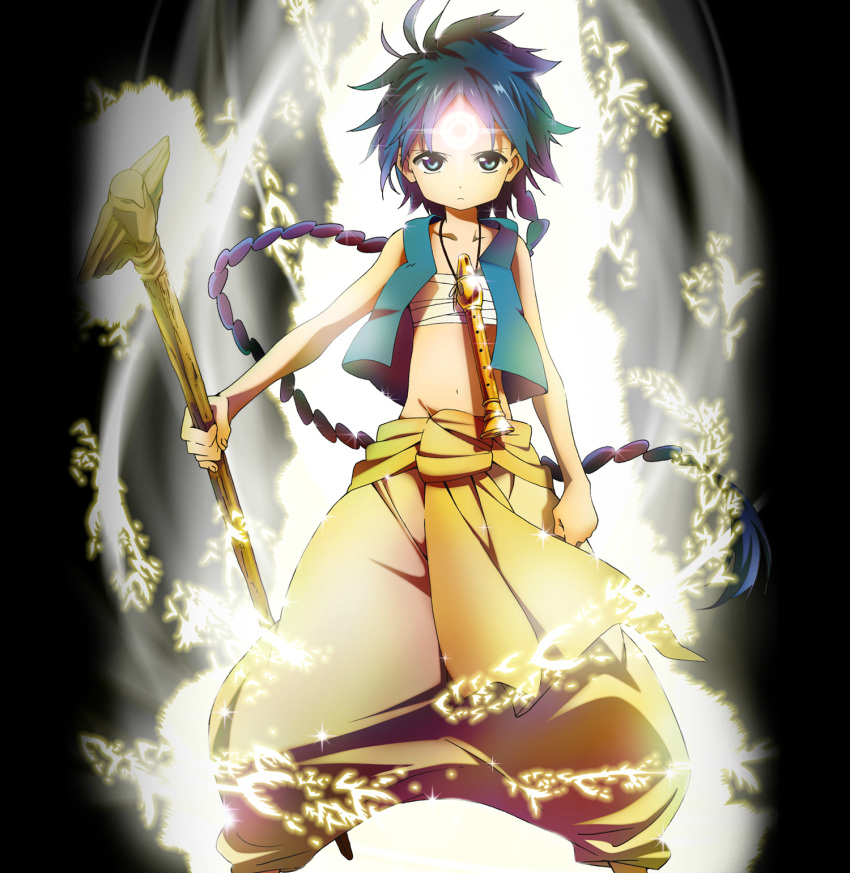 aladdin_(magi), arabian_clothes, black_background, blue_eyes, blue_hair, braid, flute, highres, holding, instrument, jewelry, long_hair, looking_at_viewer, magi_the_labyrinth_of_magic, male, navel, necklace, official_art, single_braid, solo, staff, turban