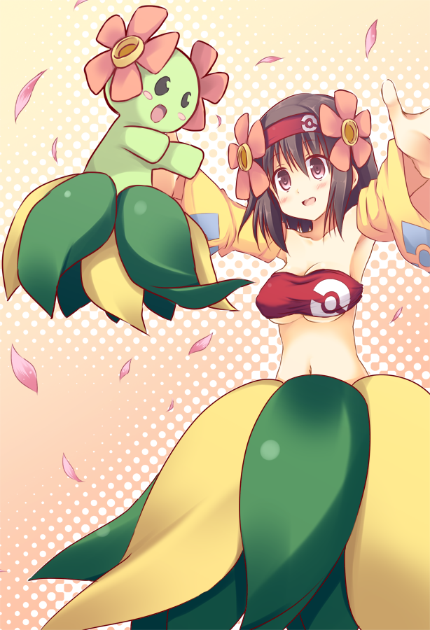 1girl, akane_souichi, bare_shoulders, bellossom, black_eyes, black_hair, blush, breasts