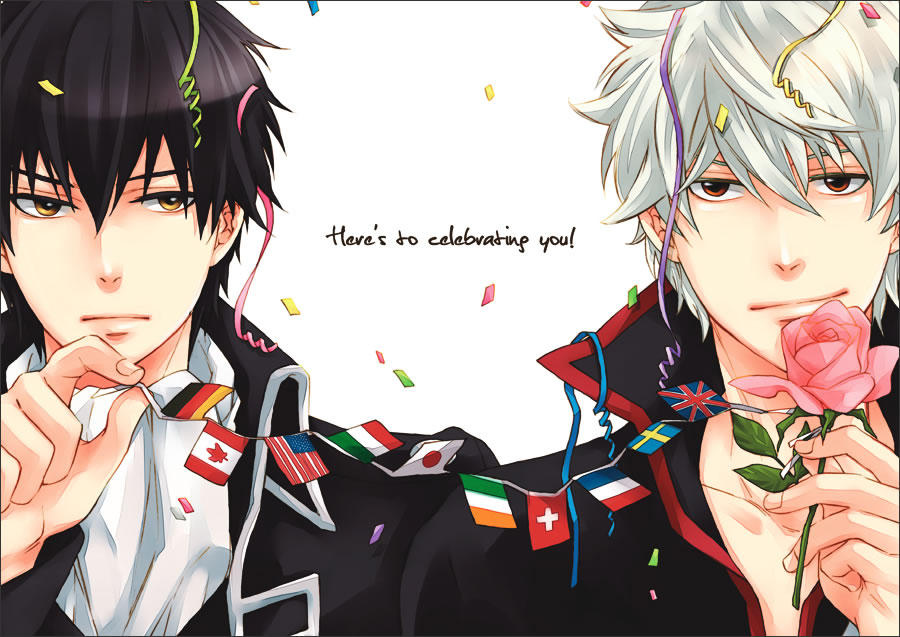 black_hair, brown_eyes, confetti, engrish, flag, flower, gintama, hijikata_toushirou