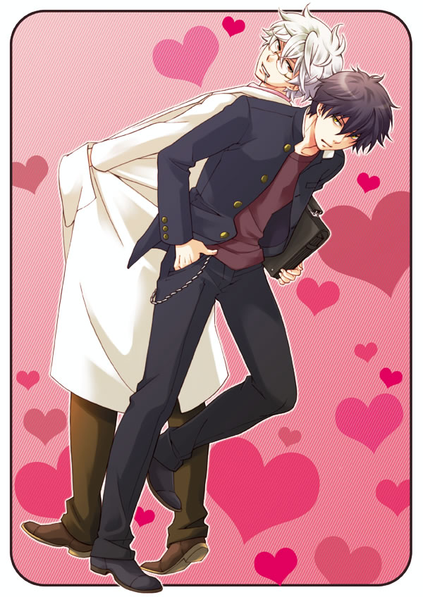 back-to-back, black_hair, cigarette, gintama, glasses, hijikata_toushirou, japanese_clothes, kas92, labcoat, multiple_boys, sakata_gintoki, school_uniform, silver_hair