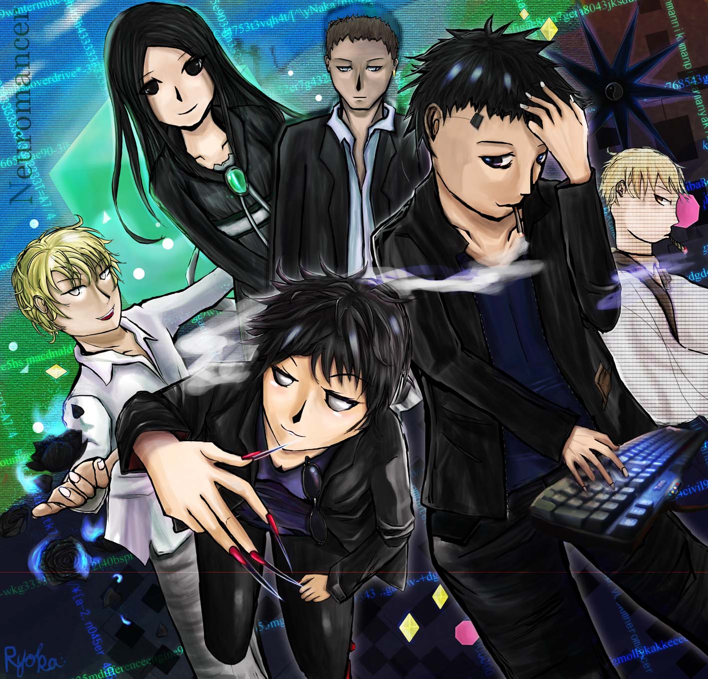 80s, black_hair, blade, blonde_hair, brown_hair, computer_keyboard, cyberpunk, cyborg