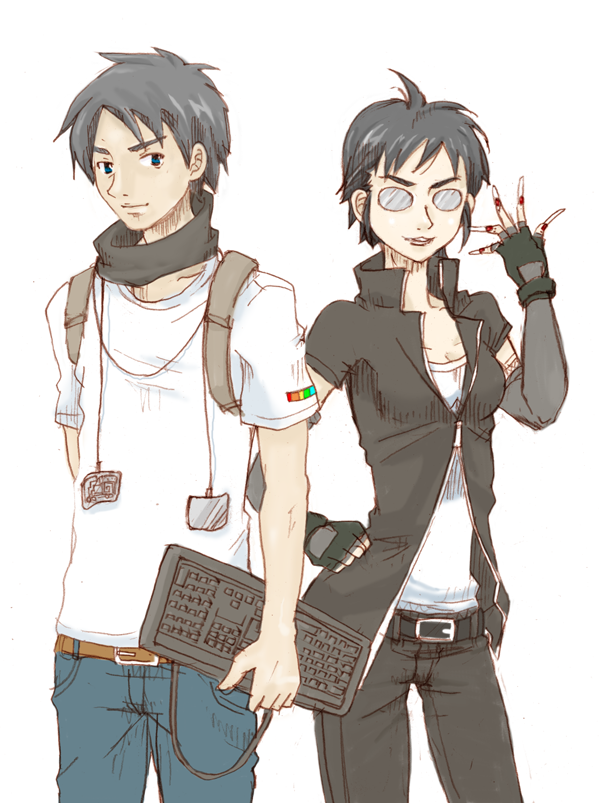 1boy, 1girl, ahoge, belt, black_hair, blade, blue_eyes, case