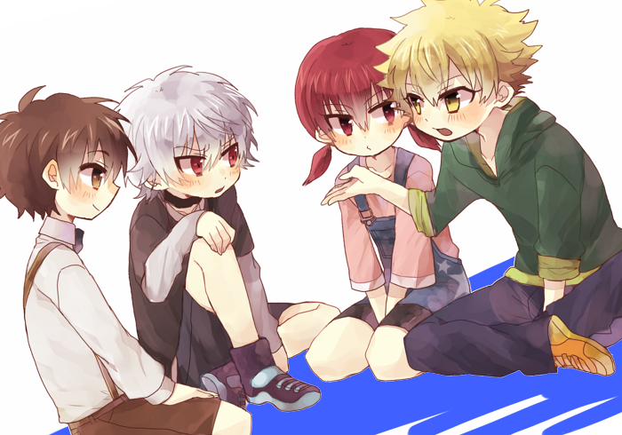3boys, accelerator, blonde_hair, brown_eyes, brown_hair, child, etzali, hoodie