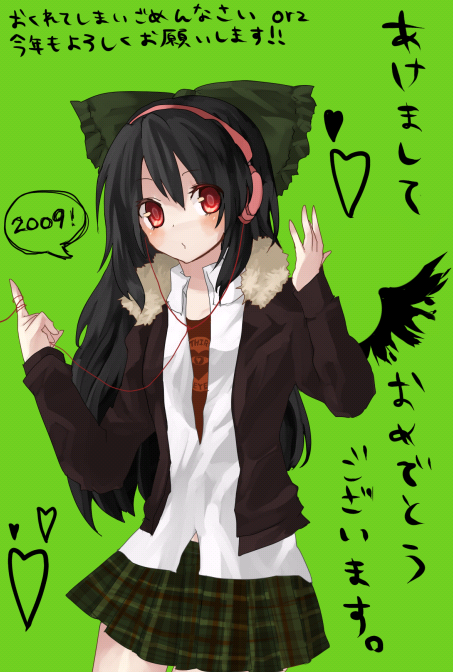 contemporary, hairband, headphones, kame, plaid, plaid_skirt, red_eyes, reiuji_utsuho, ribbon, skirt, solo, touhou